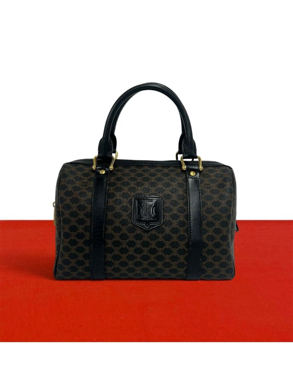 Celine Vintage Macadam Blason Logo Pattern Leather Mini Boston Bag Black